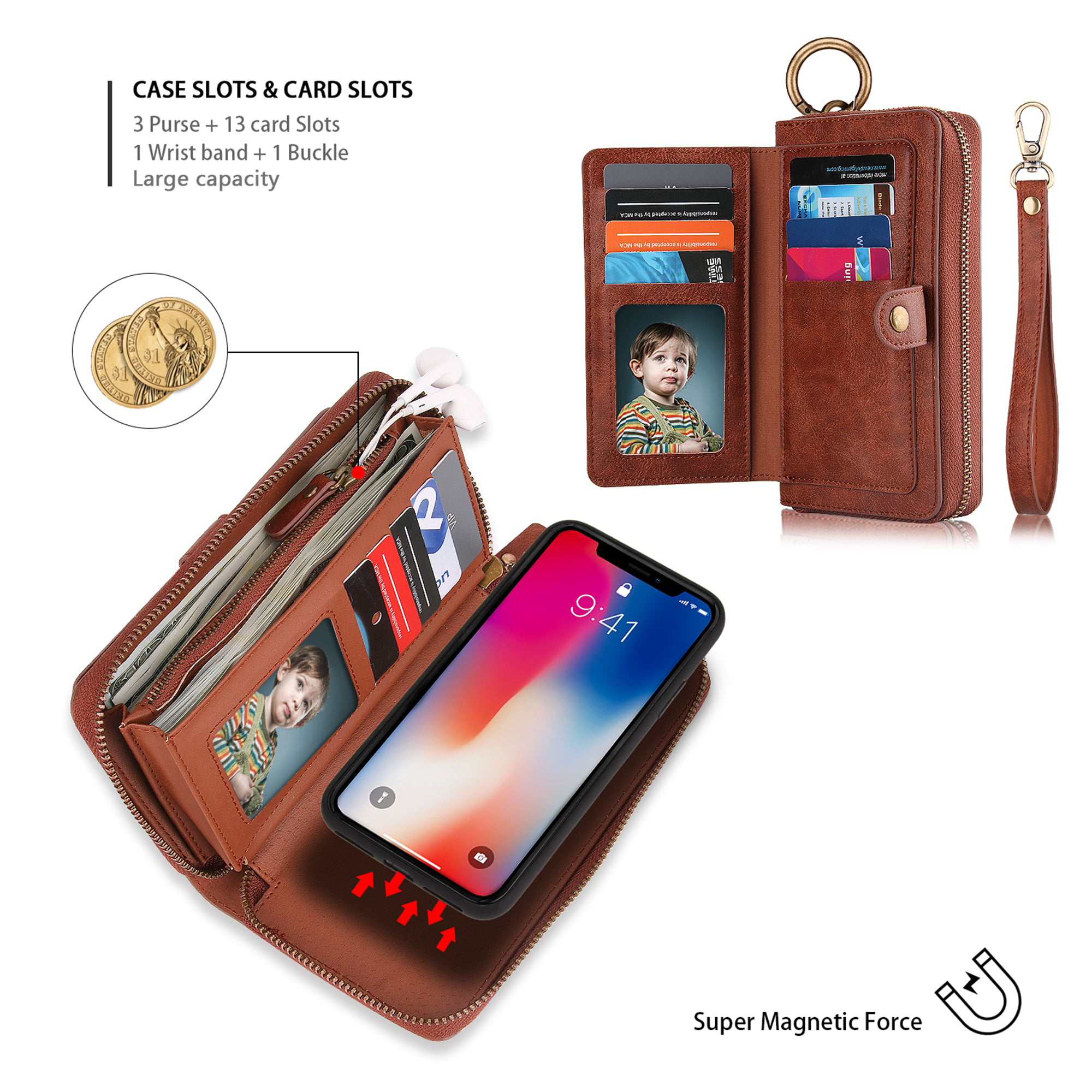 iPhone Xs Max Case,iPhone Xs Max Wallet Case with Magnetic Detachable Case,9 Card Slots,Wrist Strap, CASEOWL 2 in 1 Folio Flip Premium PU Leather