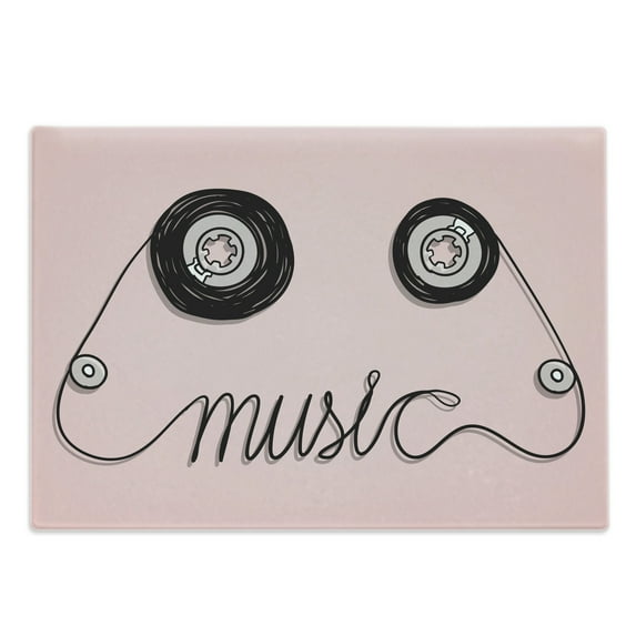 Music Cutting Board, Music Letters Written by Cassette Tape Loud Improvisation Beat Pulse Tempo Image, Decorative Tempered Glass Cutting and Serving Board, Large Size, Pink Black, by Ambesonne