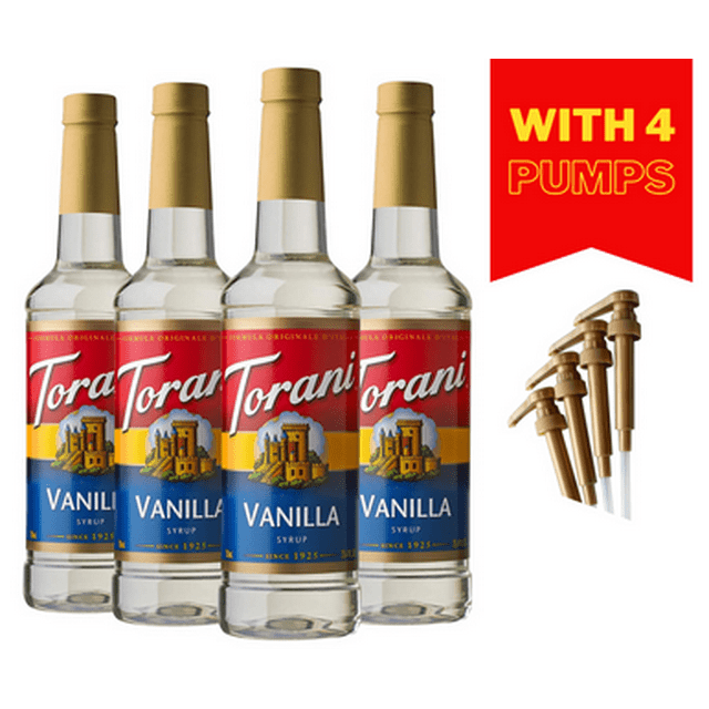 Torani Syrup Vanilla, 25.4 Ounces With Pumps Bundle (Pack of 4)
