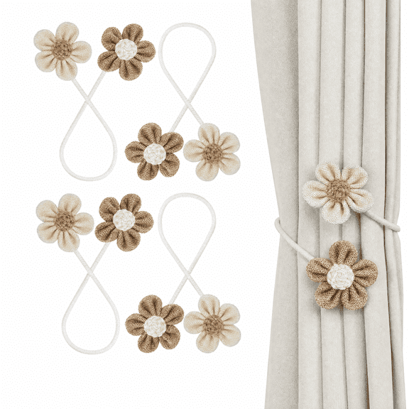 4 Pack Boho Flower Curtain Tiebacks, No Drill Elegant Decorative Twist Holdbacks for Bedroom Nursery Farmhouse Decor