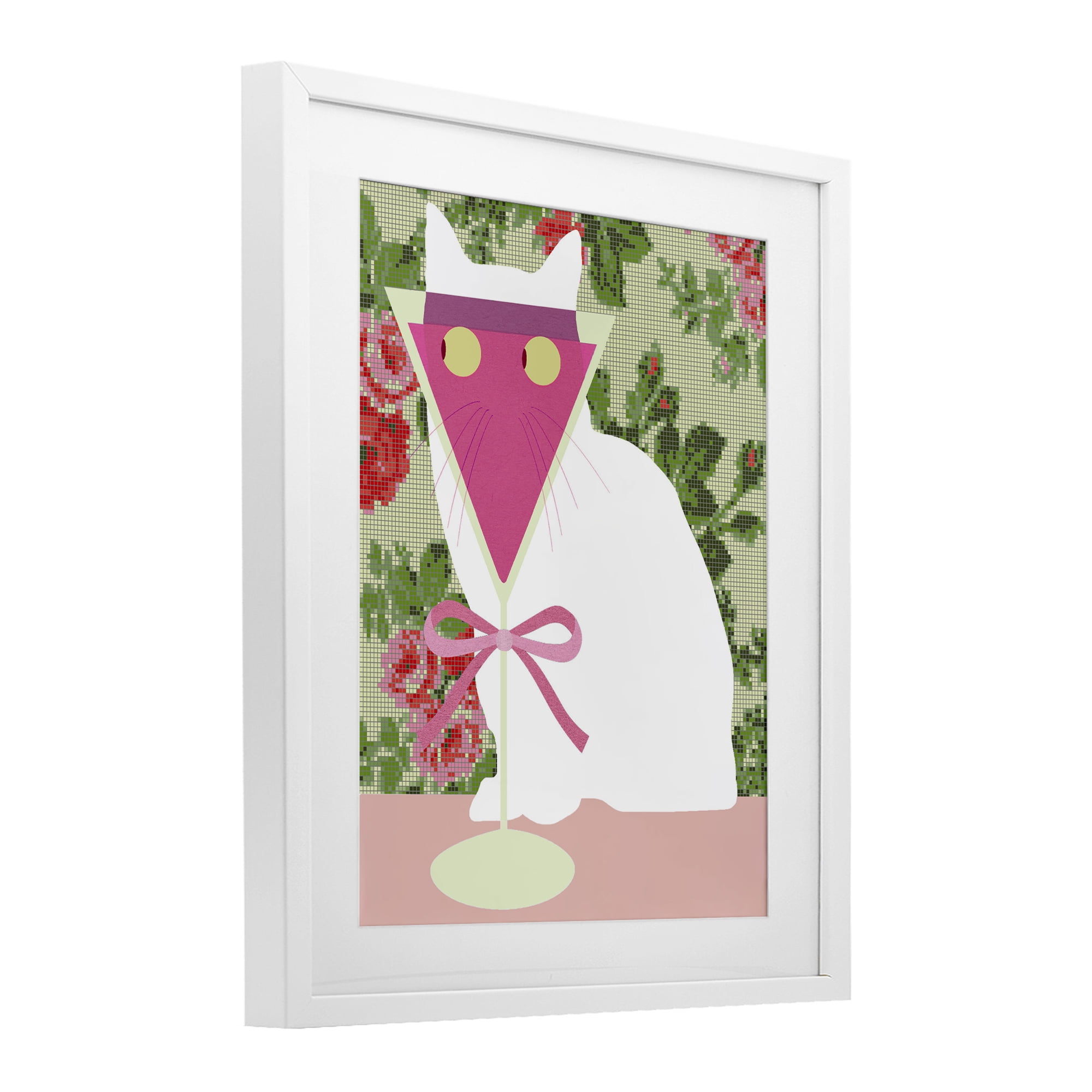 Stupell Industries White Cat with Pink Martini White Framed Print Under Glass, design by Lil' Rue
