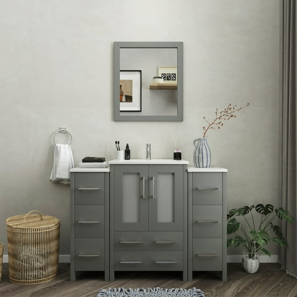 Vanity Art 48 in. W Single Sink Bathroom Vanity with Ceramic Top and Free Mirror