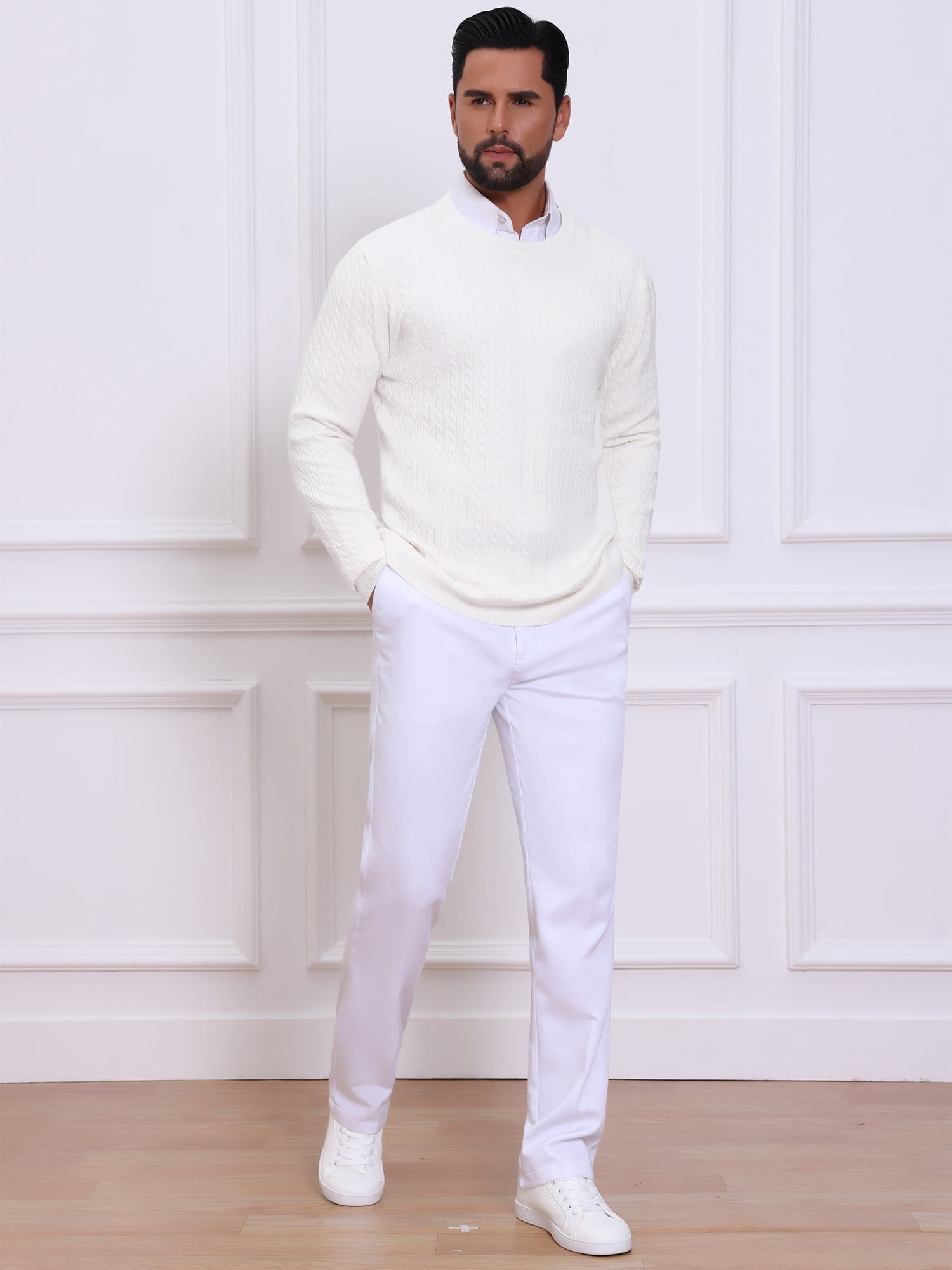 DARING DIVA Men's Crew Neck Long Sleeve Soft Cable Knit Pullover Sweater M White