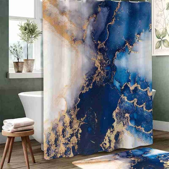 70x70 inch Navy Blue and Gold Abstract Marble Shower Curtain, Waterproof Polyester Fabric with Hooks for Bathroom Decor