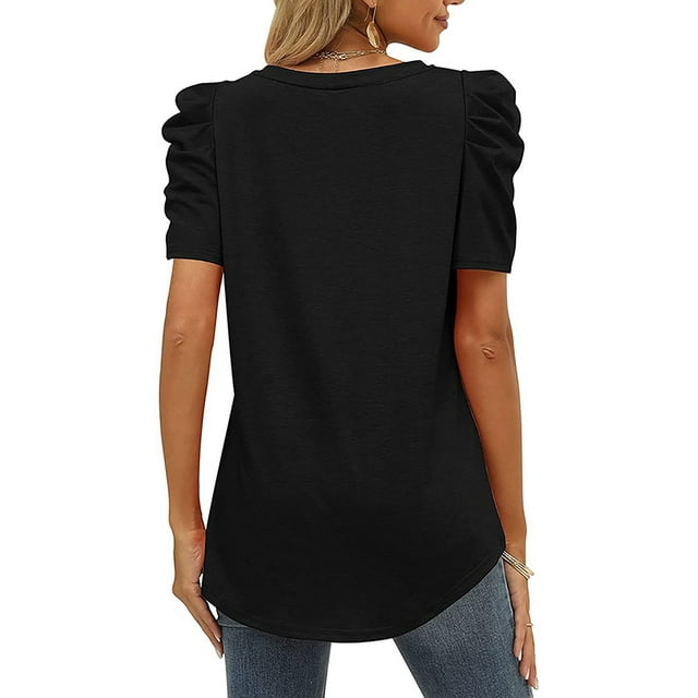 Camisa Casual Para Mujer, Camisa De Verano Con Mangas Abullonadas, Ligera, De Color Sólido, Cuello En V Para La Oficina Para El Hogar Ccdes Otros