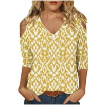Fancifize Womens Cold Shoulder Tops 3/4 Sleeve V Neck Print Shirts Casual Going Out Blouses Outfit Fall Loose Shirt