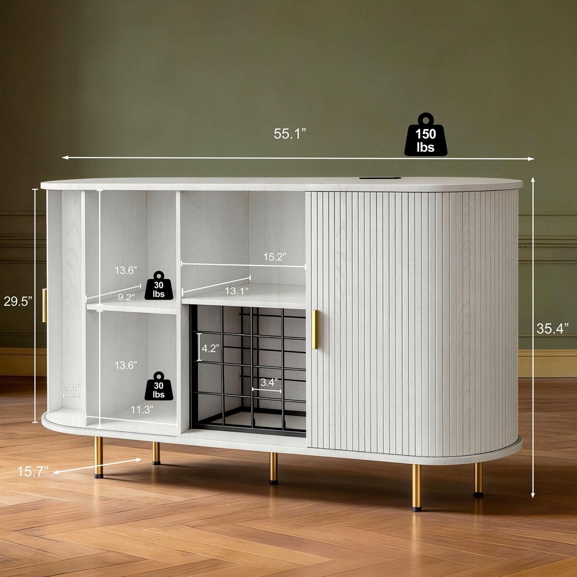 55" Wine Bar Cabinet with Storage, Fluted Coffee Bar Cabinet with Wine Rack & Glass Holder, LED Buffet Sideboard, White