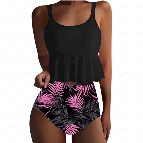 Taqqpue Tankini Plus Size Swimsuits for Women Two Piece Bathing Suits Blouson Flowy Ruffle Flounce Top Beach Vacation Swimwear with Bikini Swim Suit Bottom