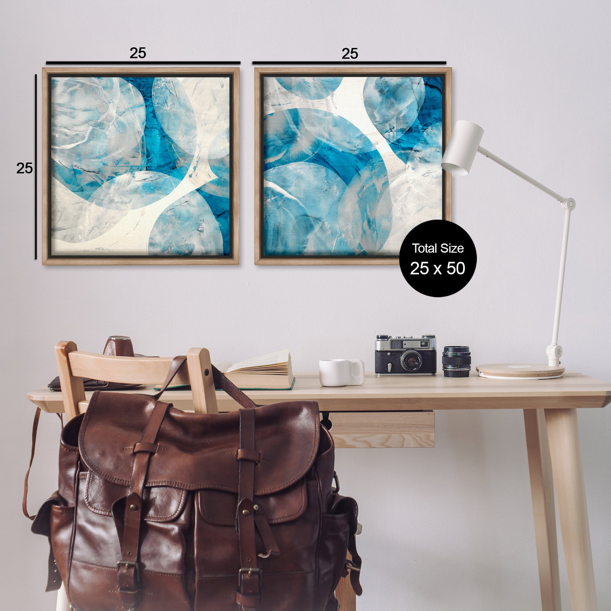 Stupell Industries Abstract Teal Cream Circles Abstract Painting Brown Floater Framed Canvas Art Print Wall Art, 25 x 25, Set of 2