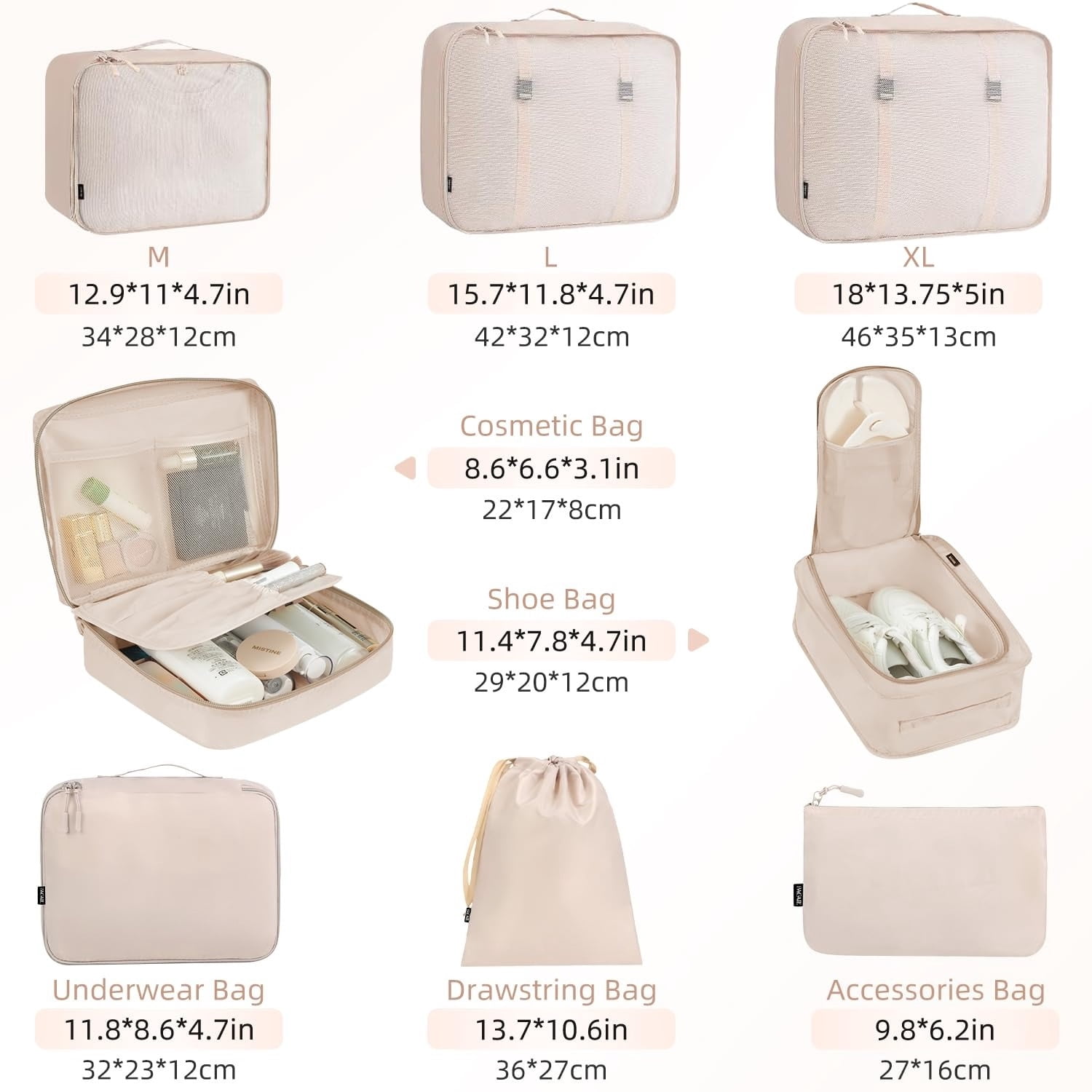 YAOLHLZ  8 Set Packing Cubes Luggage Packing Organizers for Travel Accessories-Cream