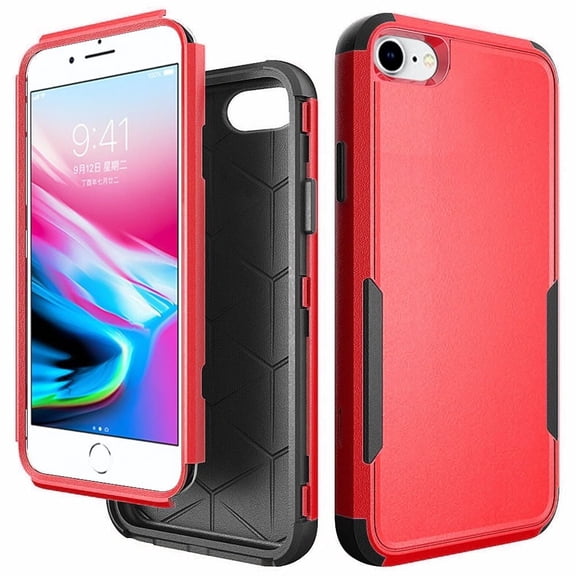 Apple iPhone SE 2nd Generation Phone Case 3 in 1 TUFF Hybrid Impact Armor PC & Soft TPU Silicone Rubber Heavy Duty Rugged Bumper Shockproof Full Body Frame Protective Red