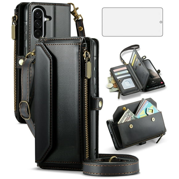 Asuwish Compatible with Samsung Galaxy A36 5G Zipper Wallet Phone Case Tempered Glass Screen Protector Crossbody Lanyard Strap Flip Card Holder Slot Cell Cover for A36 36A LTE SM-A366U Women Black