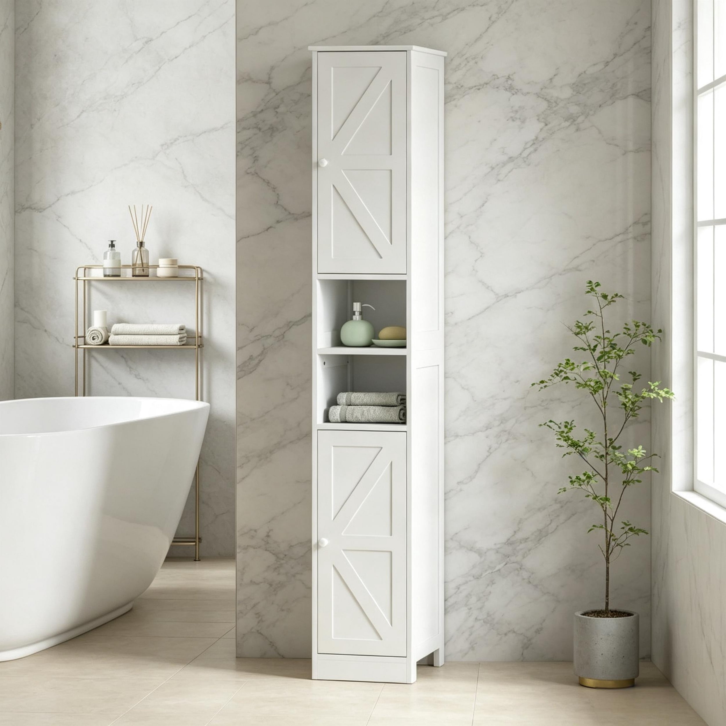Bathroom Organizer with Enclosed & Open Compartments,Tall Bathroom Storage Cabinet,Slim Floor-Standing Bathroom Cabinet