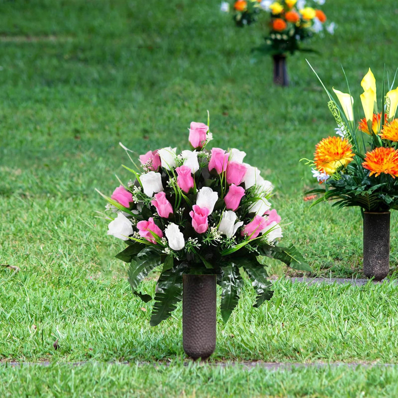 4Pcs Fake Cemetery Flowers Blue & White Roses With White Daisies Memorial Flowers Silk Memorial Bouquets For Mourn Headstones Decoration-Pink