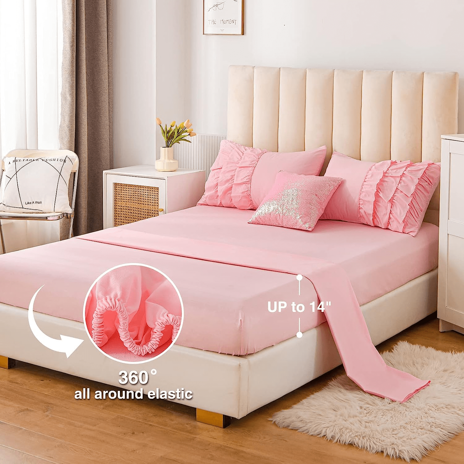 Btargot 6Pcs Waterfall Ruffled Princess Comforter Set Queen Soft Chic Bedding Set for Kids Girls Pink