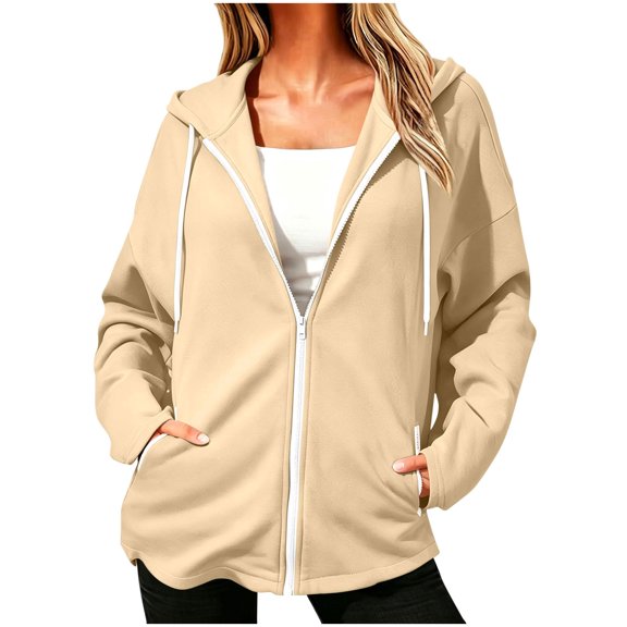 Bosfbaoi Zip Up Hoodies for Women Contrast Zipper Drawstring Hood Long Sleeve Womens Jacket Loose Casual Sweatshirt with Side Pockets