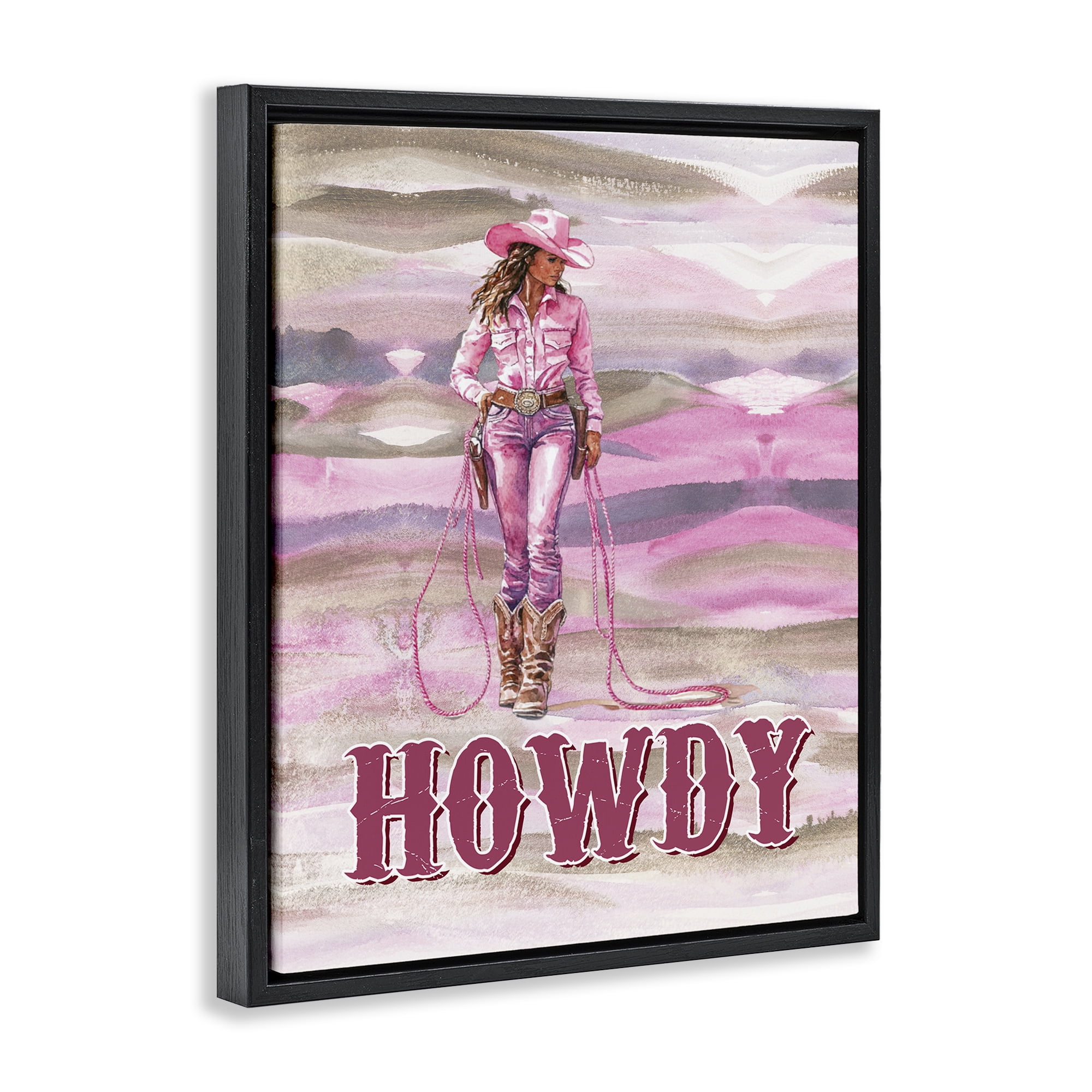 Stupell Industries Pastel Howdy Cowgirl People Painting Black Floater Framed Canvas Art Print Wall Art, 25 x 31