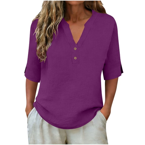 Rciityk 3/4 Length Sleeve Womens Tops Cotton Linen V Neck Tunic Tops Casual Loose Fit T Shirts Blouses for Vacation