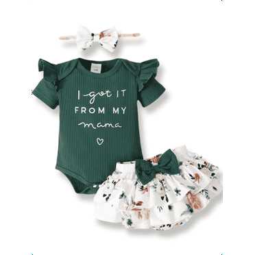PatPat 3pcs Baby Girl 95% Cotton Short-Sleeve Letter Print Romper & Floral Print Layered Ruffled Shorts & Headband Set,0-18 Month