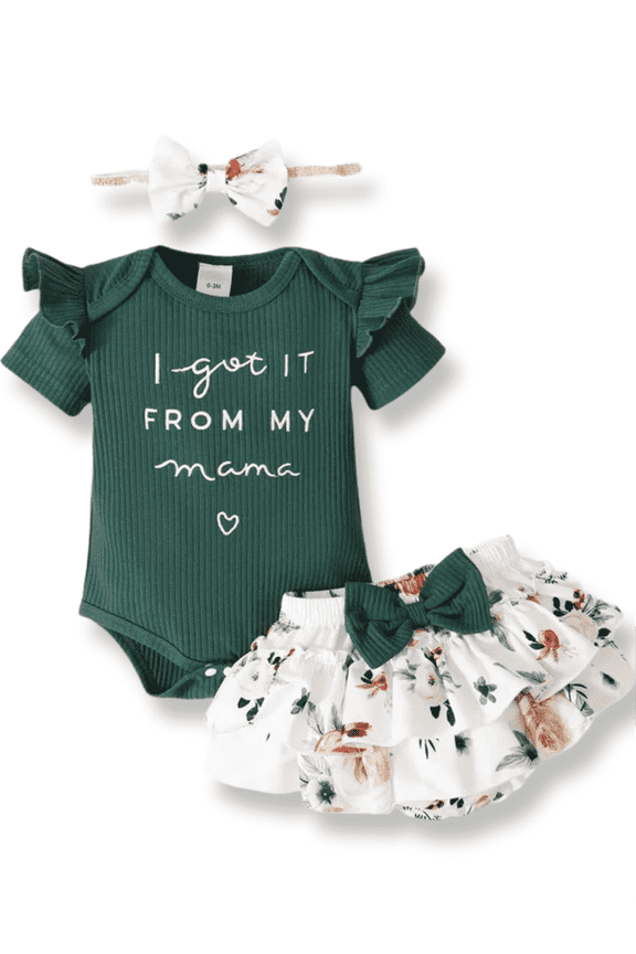 3pcs Baby Girl 95% Cotton Short-Sleeve Letter Print Romper & Floral Print Layered Ruffled Shorts & Headband Set,0-18 Month