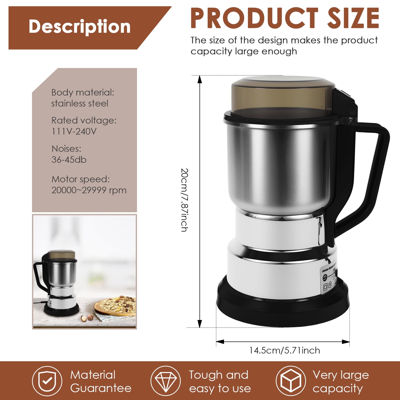 Keyohome Portable Electric Coffee Grinder Adjustable Coffee Bean Grinder with Stainless Steel Blade Spoon and Clean Brush for Home Kitchen Counter
