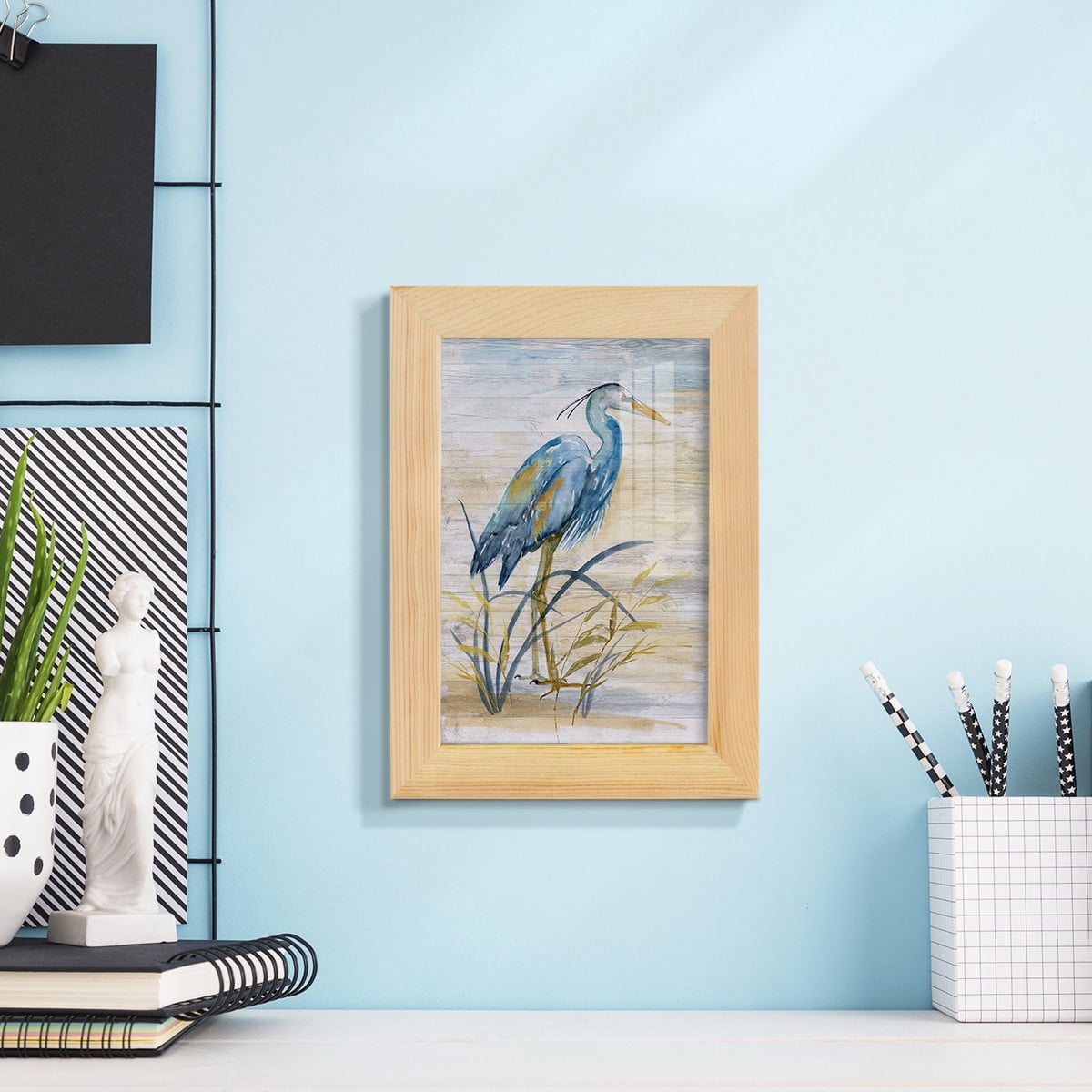 Blue Heron I -Framed Print w/glass-Natural Wood