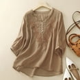 thumbnail image 2 of Endives Shirts for Women Embroidered Tops Floral Cotton Linen Tunic T shirt Tee Women 3/4 Sleeve V Neck Button Boho Ethnic, 2 of 6