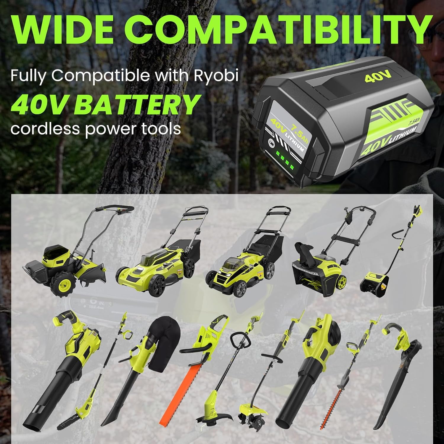7500mAh 40V Batteries and OP401 Charger Replacement for Ryobi 40V Battery and Charger Combo, Compatible with 40Volt Lithium ion OP40602 OP4075A OP4050 OP40404 OP40261 Tools Battery