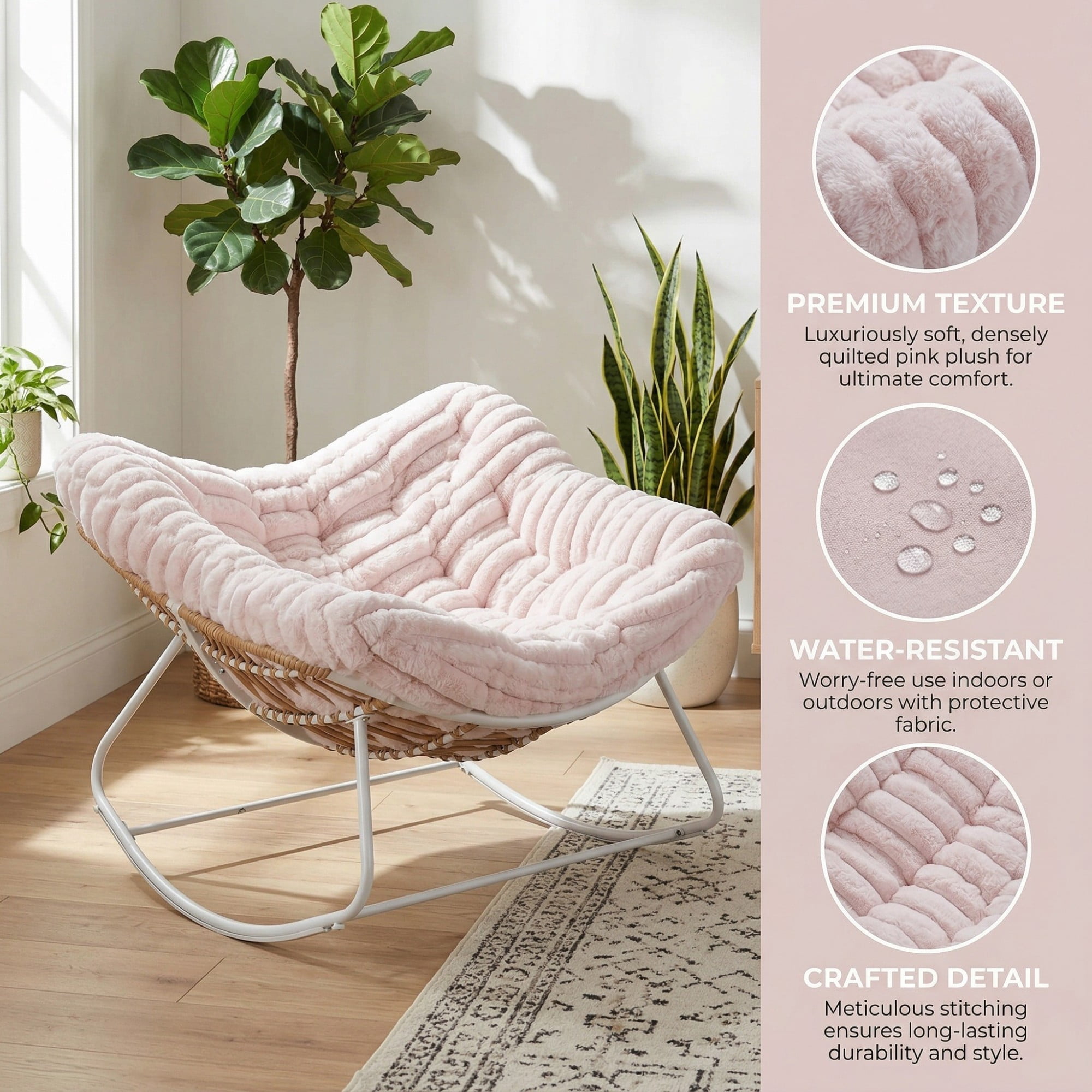 Papasan Rocking Chair Oversized, Rattan Outdoor Rocker with Deep Seat Thick Cushion, Patio Rocking Chair for Porch Bedroom Garden, Pink & White