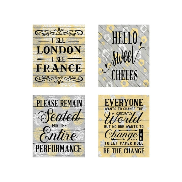 Twisted R Design Wall Art Canvas Prints - Set of 4 Funny 8x10 Bathroom Wall Art Canvas Prints - Made in USA Wall Decor Wrapped Canvas For Room Aesthetic - (Yellow and Gray Dahlia)