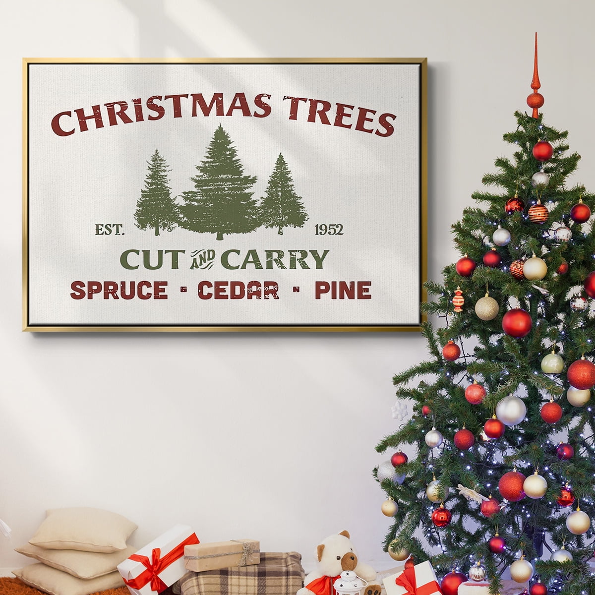 Christmas Farm Sign I - Framed Gallery Wrapped Holiday Canvas - 25 x 37 - Gold Frame