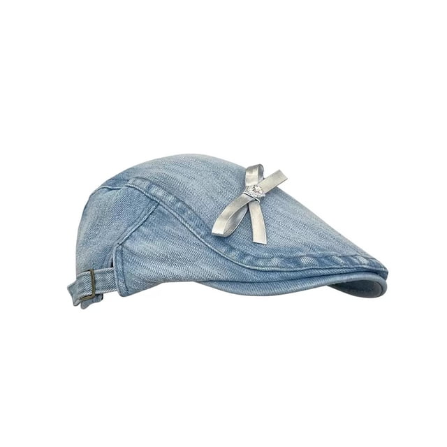 Gorra plana de mezclilla para mujer con bordado de lazo plateado