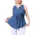 thumbnail image 1 of Women's Plus Size Shirts Denim V Neck Drawstring Waist Sleeveless Chambray Tops Blue 4X, 1 of 7