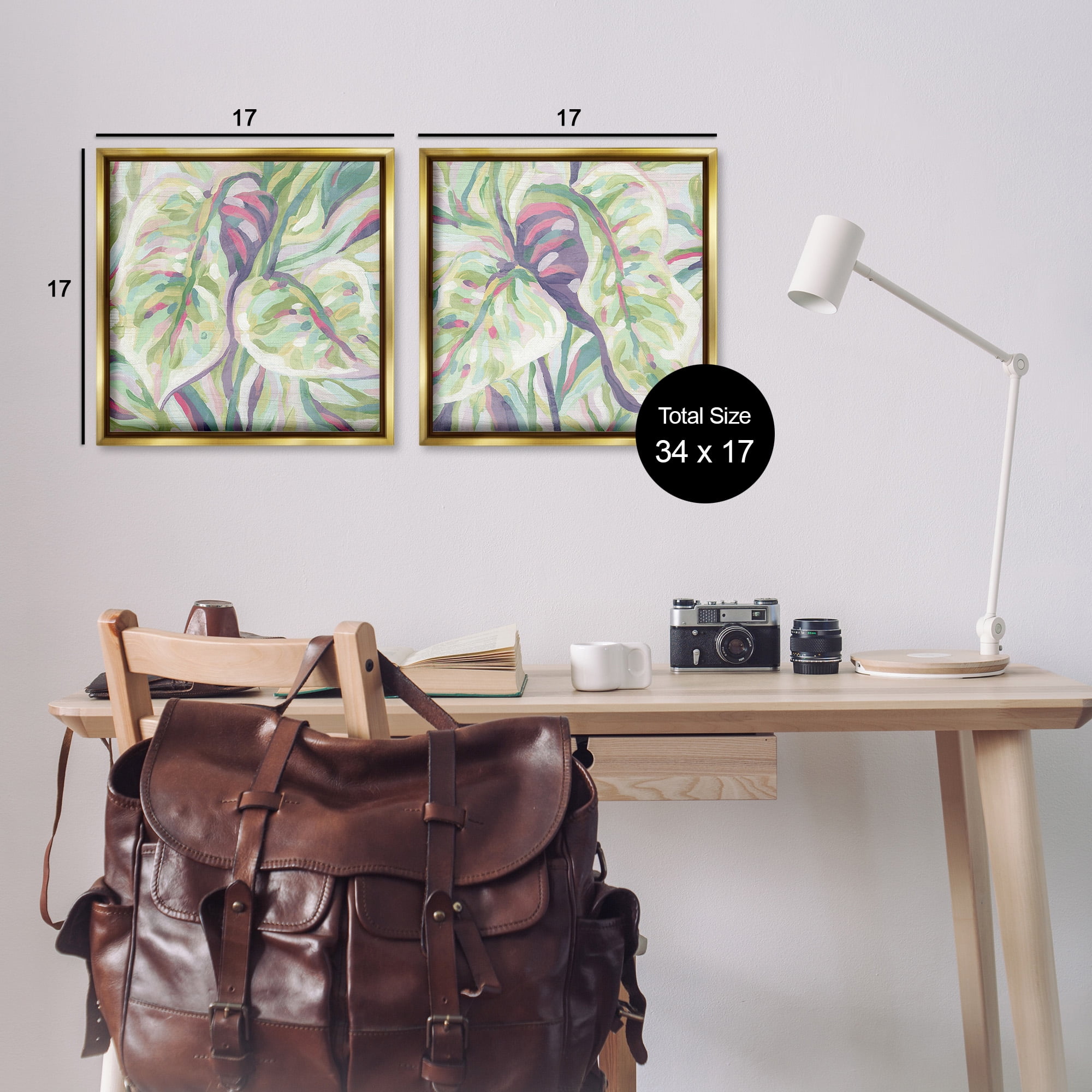 Stupell Industries Tropical Fronds Pattern Botanical & Floral Painting Gold Floater Framed Canvas Art Print Wall Art, 18 x 18, Set of 2