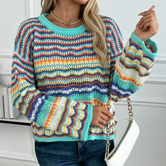 Qetyuw Womens Colorful Striped Sweater Crochet Knitted Long Sleeve Pullover Jumpers Crew Neck Loose Fit Sweaters