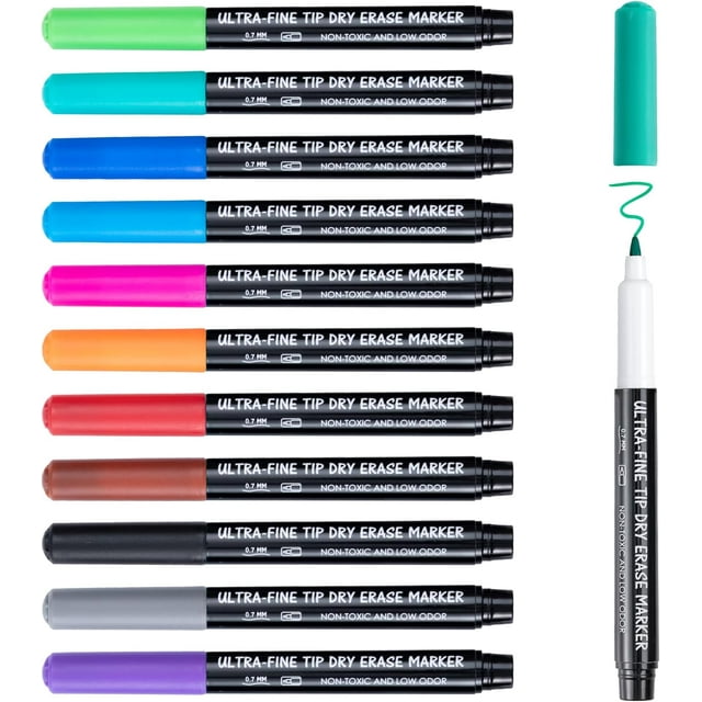 WQLPP-marqueurs Effaçables à Sec Pointe Ultra Fine, 0.7mm, Faible Odeur, Pointe Extra Fine Marqueurs Effaçables à Sec pour Planification Tableau Blanc, Tableaux de Calendrier, 12 Couleurs Assorties Marqueurs de Tableau Blanc