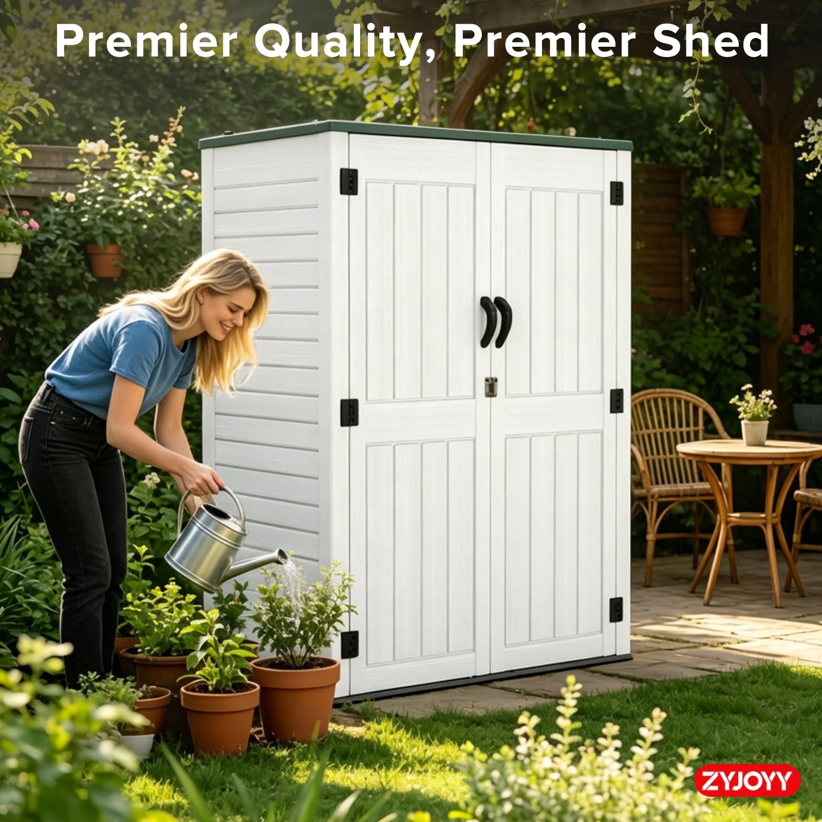 ZYJOYY Outdoor Storage Cabinet, 60 Cu. Ft. Resin Vertical Storage Shed with Floor, Lockable Waterproof Storage for Garden Tools, Pool Supplies & Patio Essentials, Grey