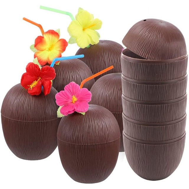 Vasos de bebida de piña tropical/coco Vhermosa 12 piezas de Vasos de fiesta hawaianos de plástico con pajitas marrón