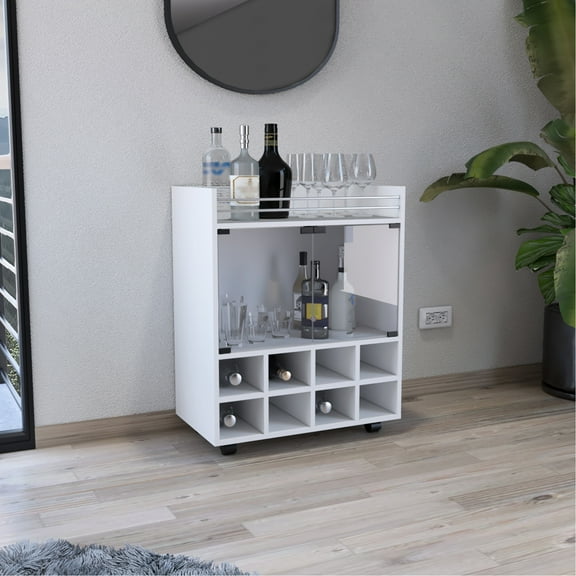 Modern St Bar Cart, 8 Rack Included, Double Glass Door Cupboard, Aluminum-edged Surface For Decoration Living Area Cart , Holder, Cabinet, House