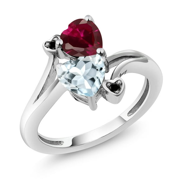 Gem Stone King Heart Shape Created Ruby Sky Blue Aquamarine 1.67 Ct 10K White Gold Diamond Accent Ring (Size 9)