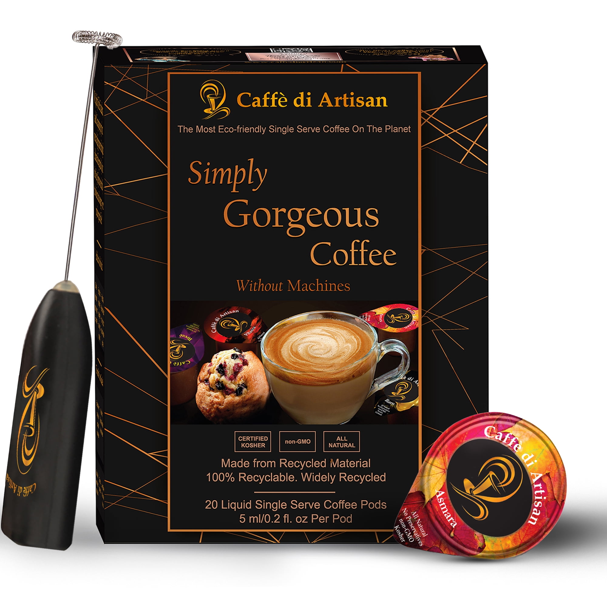 Caffè di Artisan Single Serve Organic Strong Liquid Coffee Concentrate Pods - Asmara - 24 Capsules- Free Frother on your 1st order!