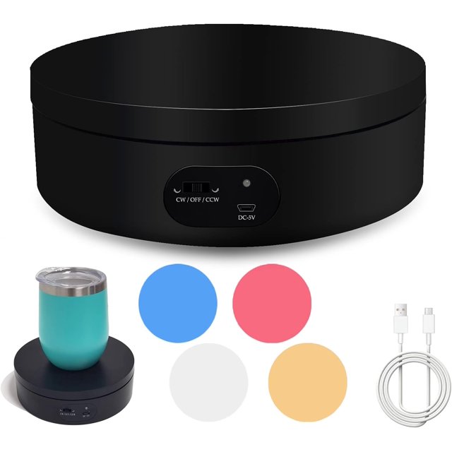 Motorized Rotating Display Stand, Cup Display Turner Stand, Electric Rotating Base for Glitter Tumblers, 360 Automatic Mute Rotating Turntable with 4 Colors Backgrounds for Epoxy Cup Display