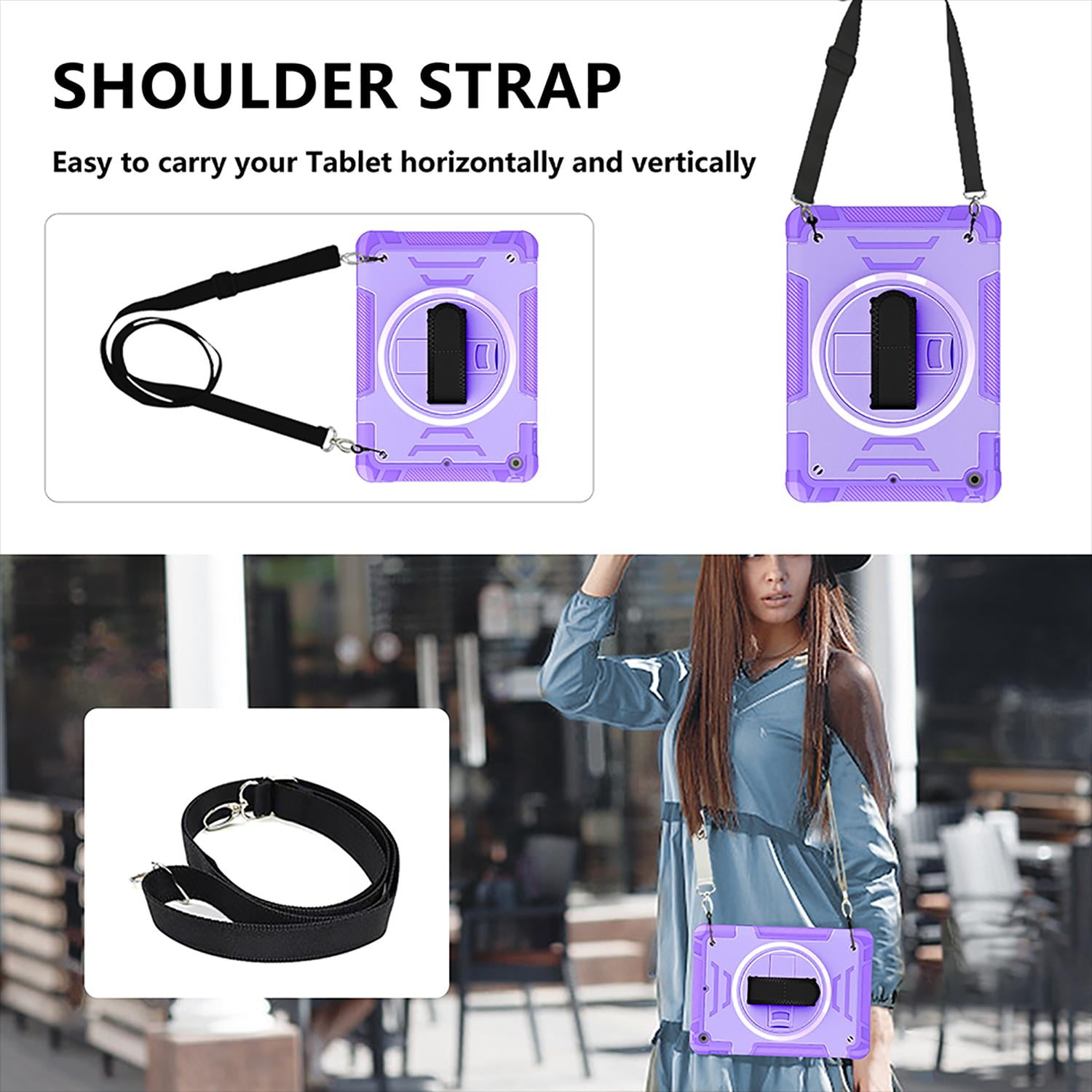 Shockproof Case for Apple iPad 6th 5th Generation, with Pencil Holder Military Grade Protection Rotating Stand Hand Strap Shoulder Strap Bumper Rugged Case for iPad 6th 5th Gen 9.7", Purple