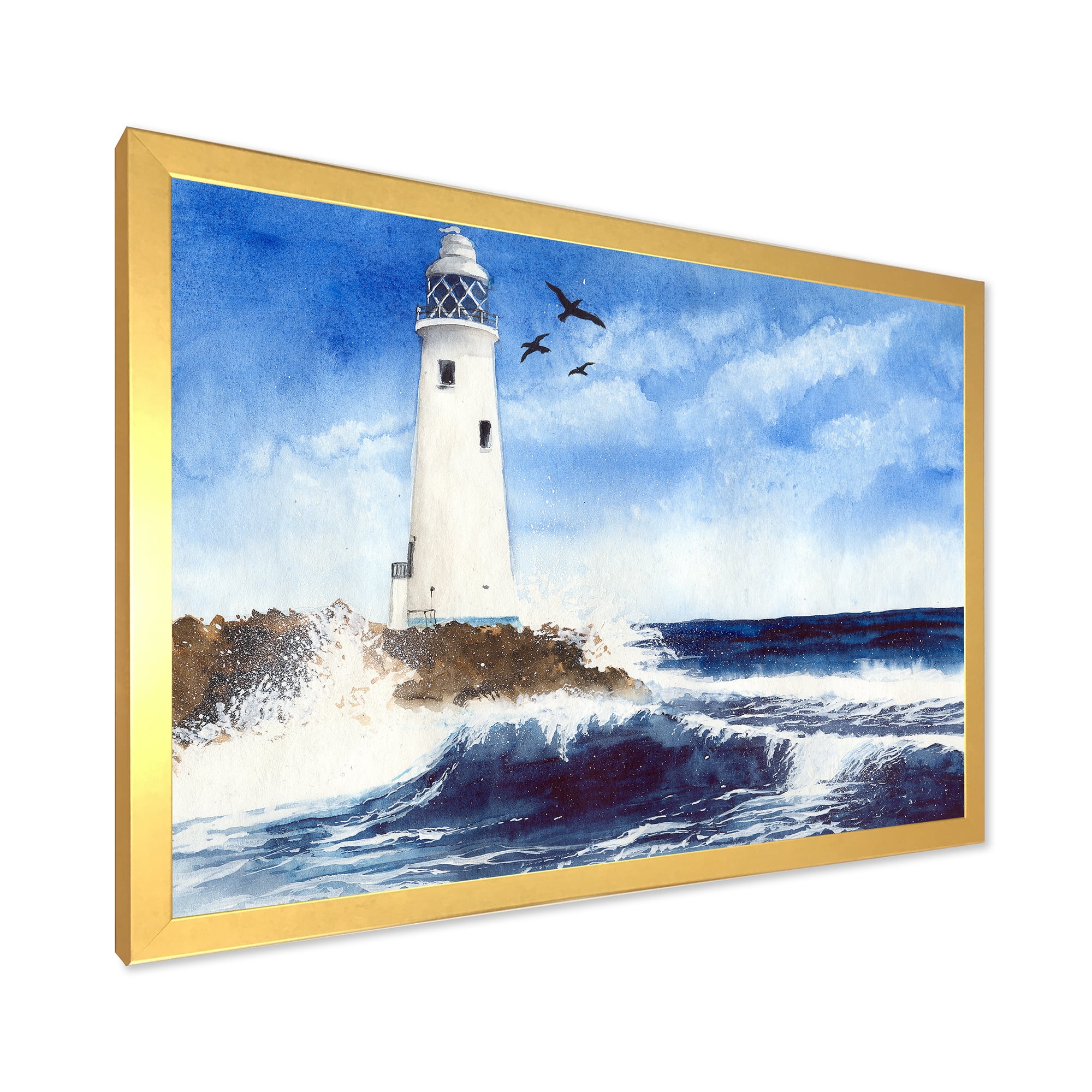 Designart 'Seagulls With Lighthouse On The Rocky Island' Nautical & Coastal Framed Art Print