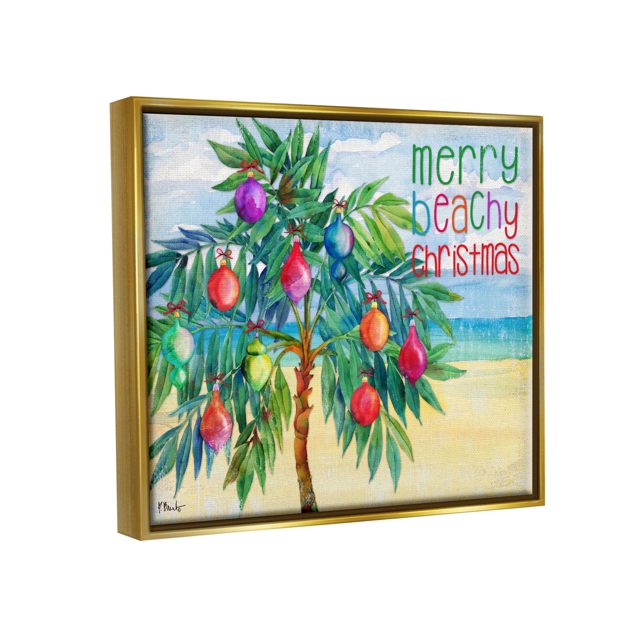 Stupell Industries Merry Beachy Christmas Holiday Palm Graphic Art Metallic Gold Floating Framed Canvas Print Wall Art, Design by Paul Brent