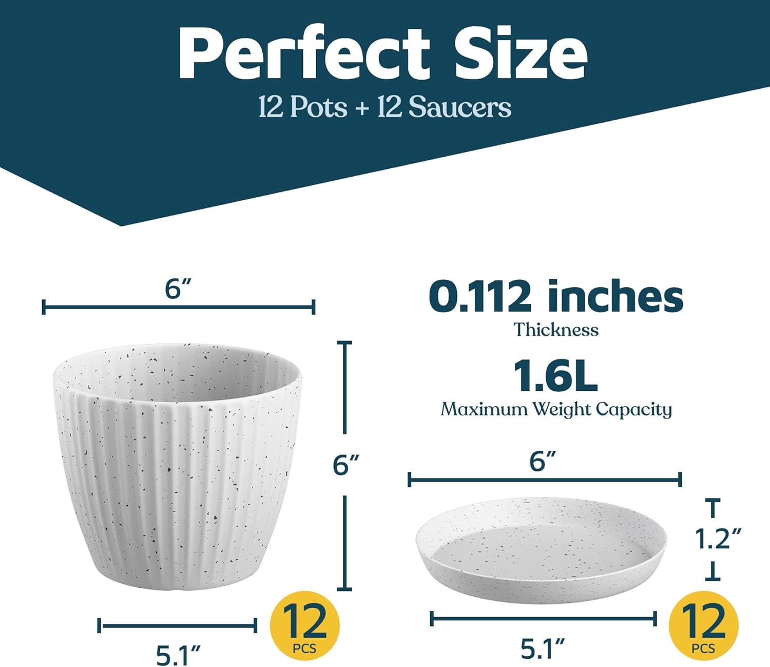 White Gray 6-Inch Plant Pots with Drainage & Saucers 12 Pack, Indoor & Outdoor Planters for Houseplants, Herbs, and Flowers, Durable & Weatherproof Material, Stackable, Lightweight, Minimalist Design