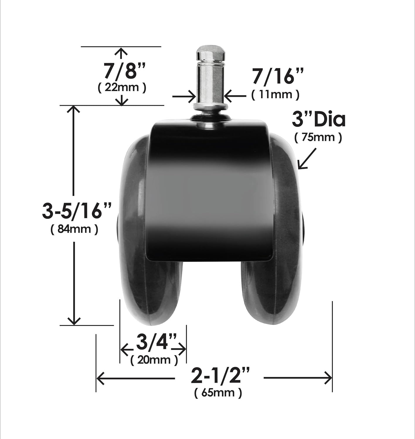 3-inch double-row office chair wheels (5-pack) high-quality rubber casters suitable for all floors
