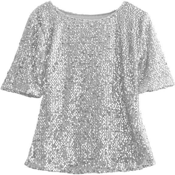Suanret Women Short Sleeve Sequins Embellished Club T-Shirt Sparkle Shirts Tops