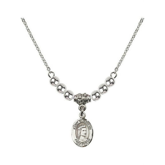 18-Inch Rhodium Plated Necklace with 4mm Sterling Silver Beads and Saint Elizabeth of Hungary Charm