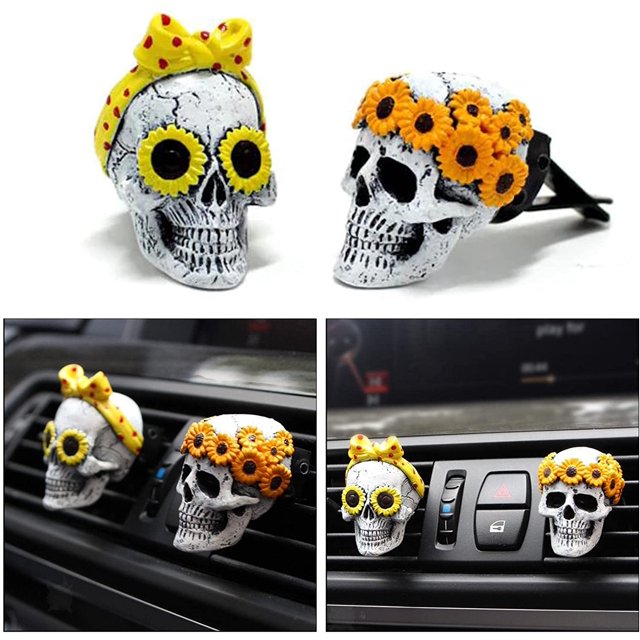 Nuevos aromas para coche Ambientadores Clips de ventilación Girly Sugar Skull Girasol Accesorios para coche Interior para mujeres Lindo aroma a coche Boho Ambientador Decoraciones de Halloween Lindos